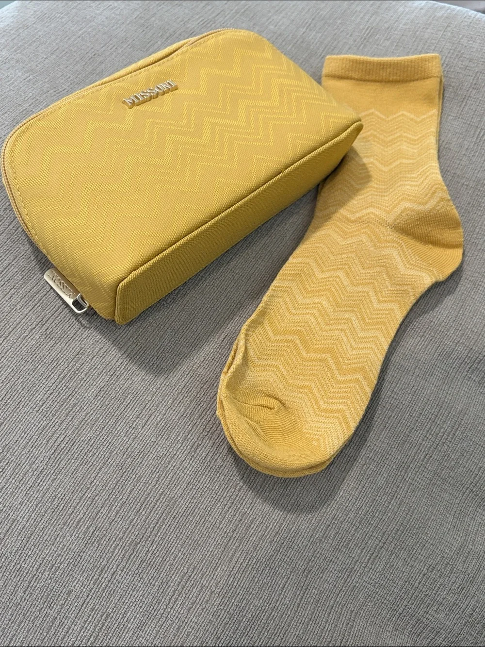 Missoni x Delta One Yellow Chevron Pouch with Gold Hardware  and matching socks